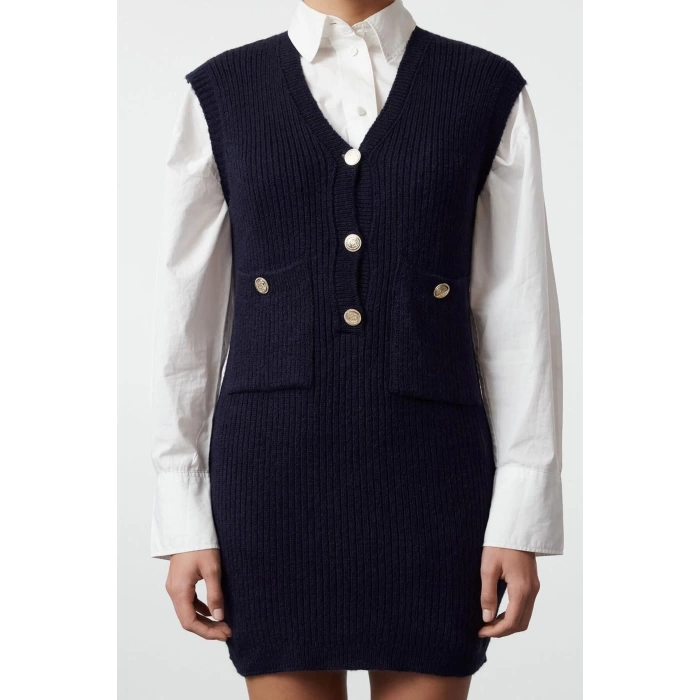 Kadın Moda Şık Mini Boy V Yaka Slim Triko Yumuşak Dokulu Elbise