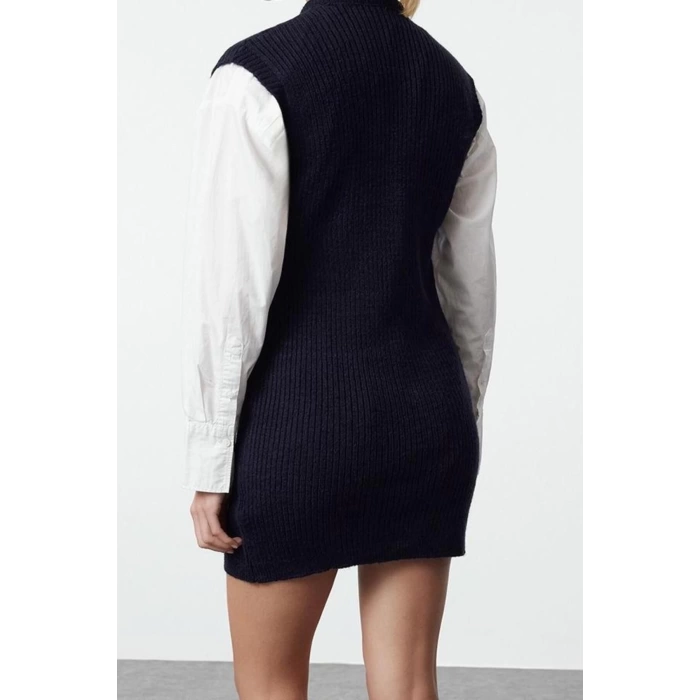 Kadın Moda Şık Mini Boy V Yaka Slim Triko Yumuşak Dokulu Elbise