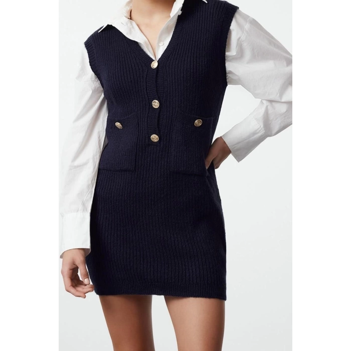 Kadın Moda Şık Mini Boy V Yaka Slim Triko Yumuşak Dokulu Elbise