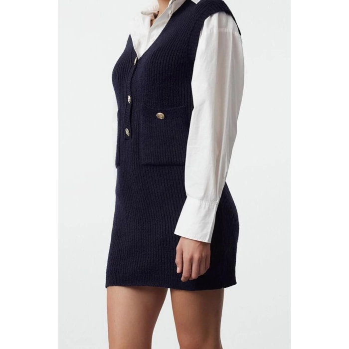 Kadın Moda Şık Mini Boy V Yaka Slim Triko Yumuşak Dokulu Elbise