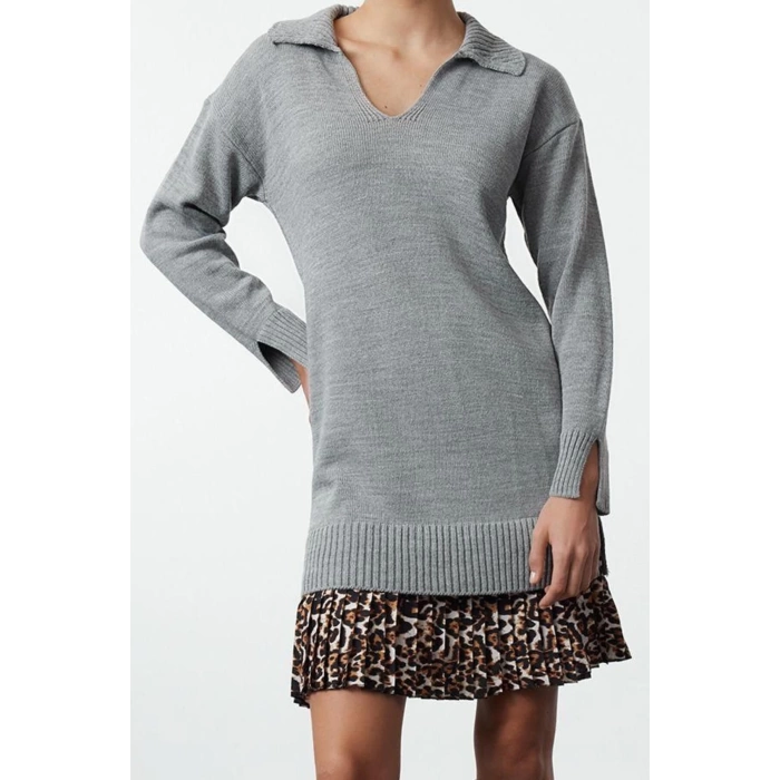 Women Fashion Stylish Mini Length Polo Collar Regular Knitted Garnished Dress