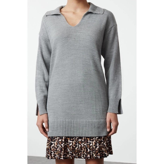 Women Fashion Stylish Mini Length Polo Collar Regular Knitted Garnished Dress