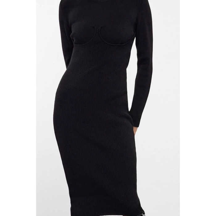 Womens Fashion Stylish Midi Length Stand Collar Slim Knitwear Corset Detail Soft Texture Dress