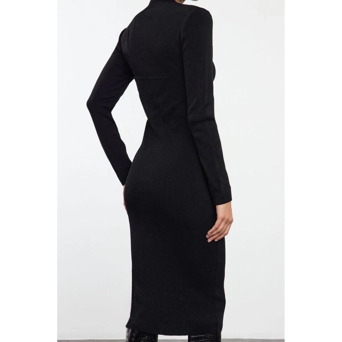 Womens Fashion Stylish Midi Length Stand Collar Slim Knitwear Corset Detail Soft Texture Dress