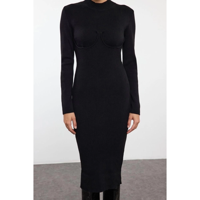 Womens Fashion Stylish Midi Length Stand Collar Slim Knitwear Corset Detail Soft Texture Dress