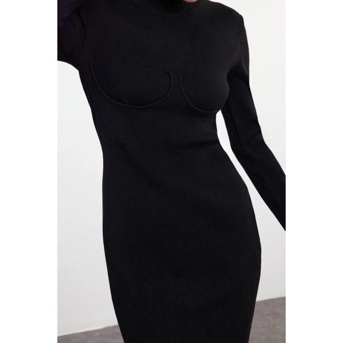 Womens Fashion Stylish Midi Length Stand Collar Slim Knitwear Corset Detail Soft Texture Dress