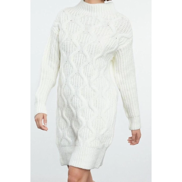 Women Fashion Stylish Mini Length Stand Collar Regular Knitwear Soft Textured Hair Knit Dress