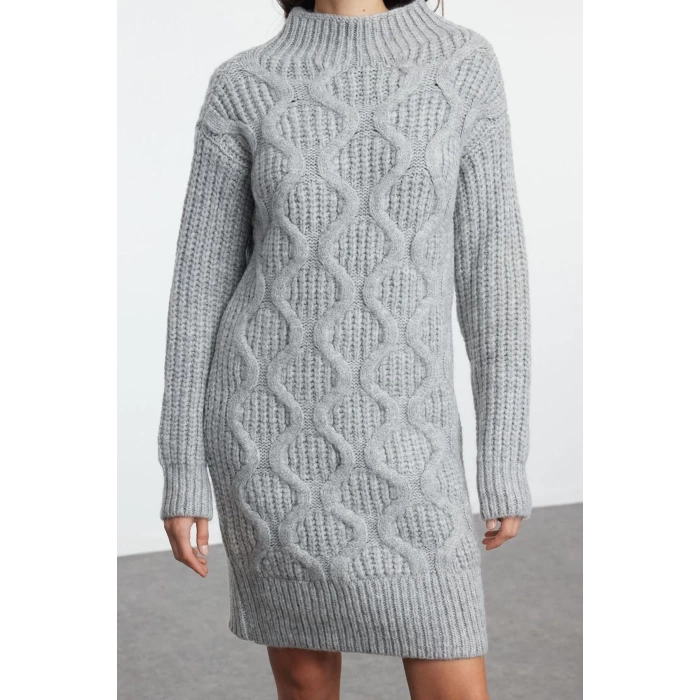 Women Fashion Stylish Mini Length Stand Collar Regular Knitwear Soft Textured Hair Knit Dress
