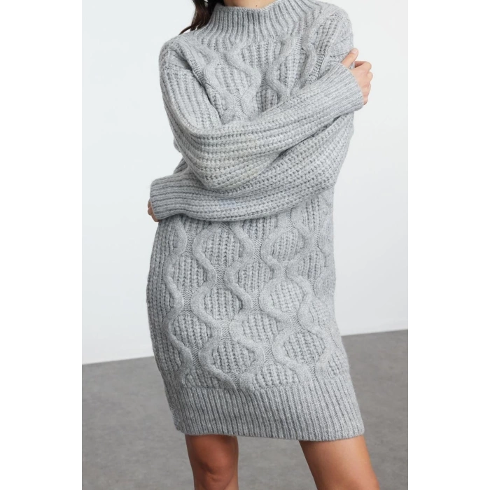 Women Fashion Stylish Mini Length Stand Collar Regular Knitwear Soft Textured Hair Knit Dress