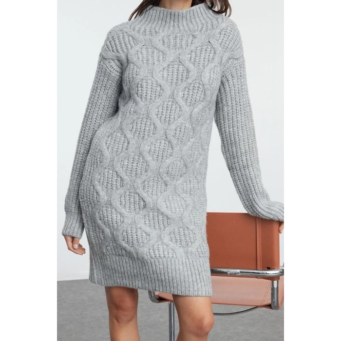 Women Fashion Stylish Mini Length Stand Collar Regular Knitwear Soft Textured Hair Knit Dress