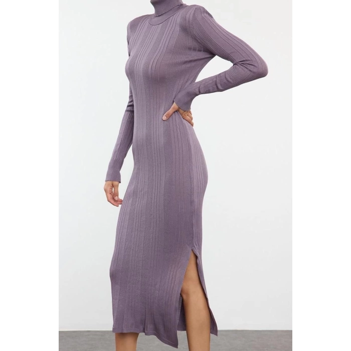 Women Fashion Stylish Maxi Length Stand Collar Slim Knitwear Turtleneck Glitter Yarn Dress