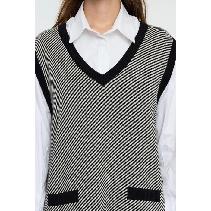 Women Fashion Stylish Mini Length V Neck Regular Knit Color Block Dress
