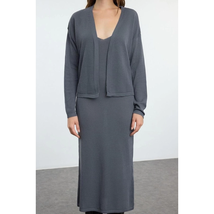 Women Fashion Stylish Midi Length V Neck Slim Knitwear Premium Yarn Special Yarn Cardigan-Dress Set