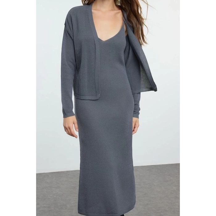 Women Fashion Stylish Midi Length V Neck Slim Knitwear Premium Yarn Special Yarn Cardigan-Dress Set