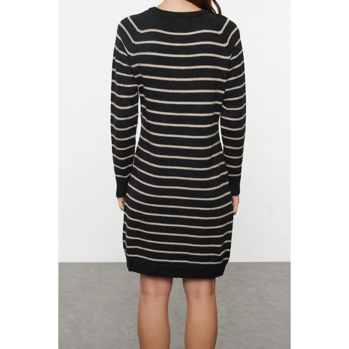 Women Fashion Stylish Mini Length Crew Neck Regular Striped Knitwear Soft Texture Dress
