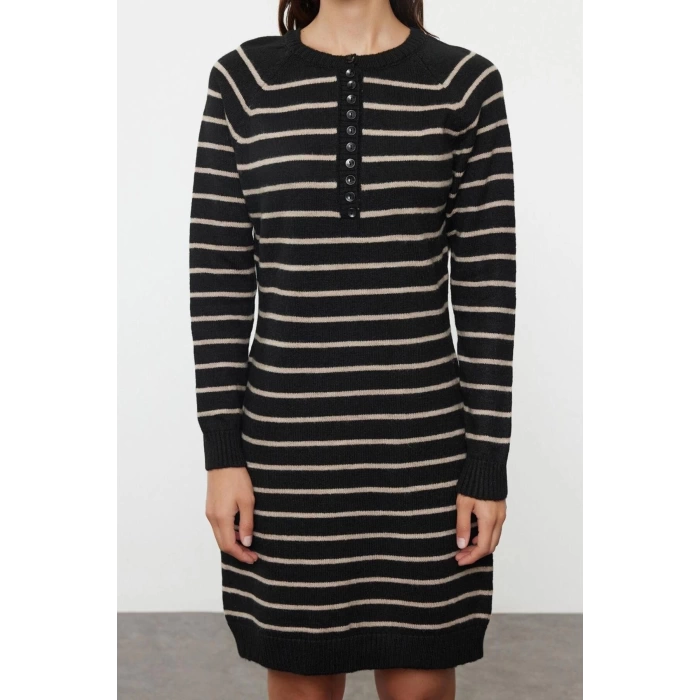 Women Fashion Stylish Mini Length Crew Neck Regular Striped Knitwear Soft Texture Dress