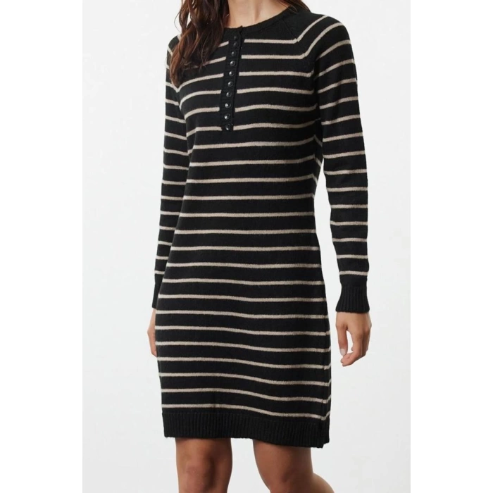 Women Fashion Stylish Mini Length Crew Neck Regular Striped Knitwear Soft Texture Dress