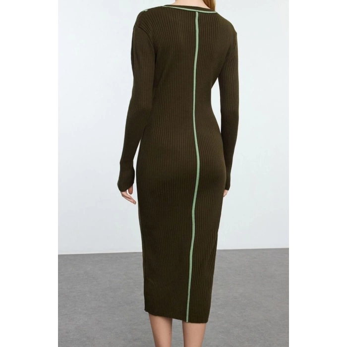 Women Fashion Stylish Midi Length Crew Neck Slim Knit Color Block Dress