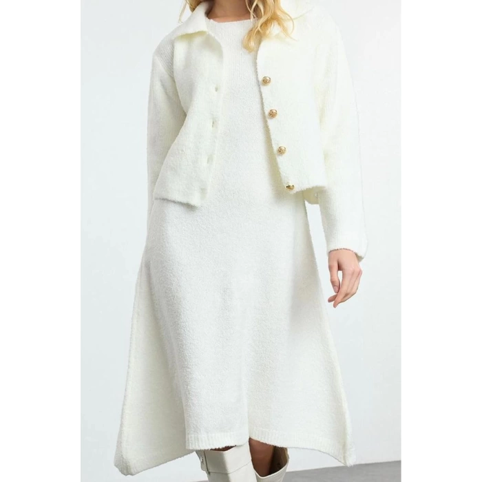 Womens Fashion Stylish Midi Length Polo Collar Slim Knitwear Jacket-Look Cardigan-Dress Set