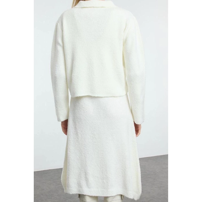 Womens Fashion Stylish Midi Length Polo Collar Slim Knitwear Jacket-Look Cardigan-Dress Set