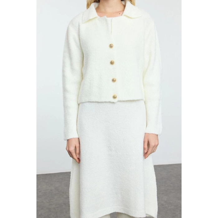 Womens Fashion Stylish Midi Length Polo Collar Slim Knitwear Jacket-Look Cardigan-Dress Set