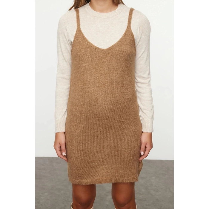 Women Fashion Stylish Mini Length Pool Neck Regular Knitwear Soft Textured Strappy Dress