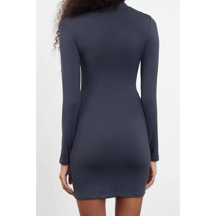 Women Fashion Stylish Mini Length Stand Collar Slim Plain Polyamide Bodycone Fitted Flexible Knitted Dress