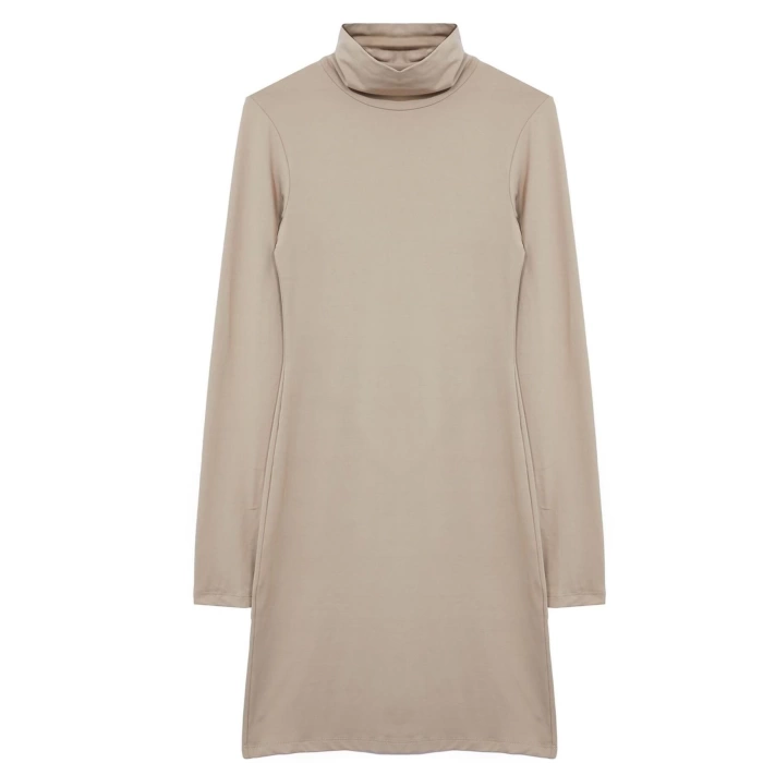 Women Fashion Stylish Mini Length Stand Collar Slim Plain Polyamide Bodycone Fitted Flexible Knitted Dress