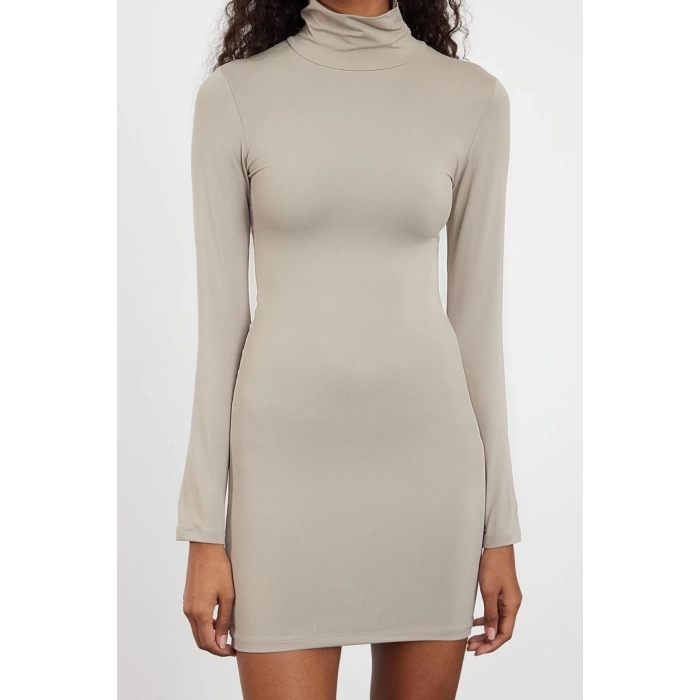 Women Fashion Stylish Mini Length Stand Collar Slim Plain Polyamide Bodycone Fitted Flexible Knitted Dress