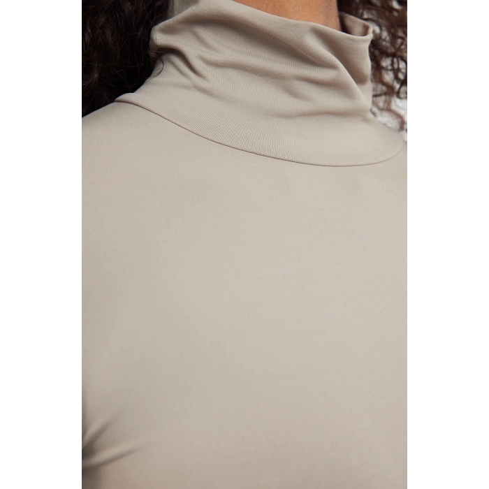 Women Fashion Stylish Mini Length Stand Collar Slim Plain Polyamide Bodycone Fitted Flexible Knitted Dress