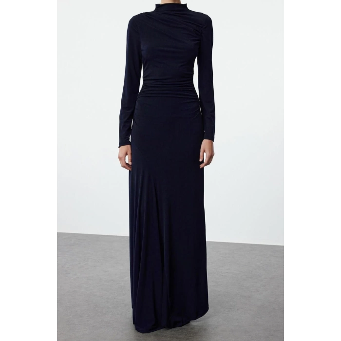 Women Fashion Stylish Maxi Length Stand Collar Slim Fitted Bodycon Long Sleeve Flexible Knitted Dress