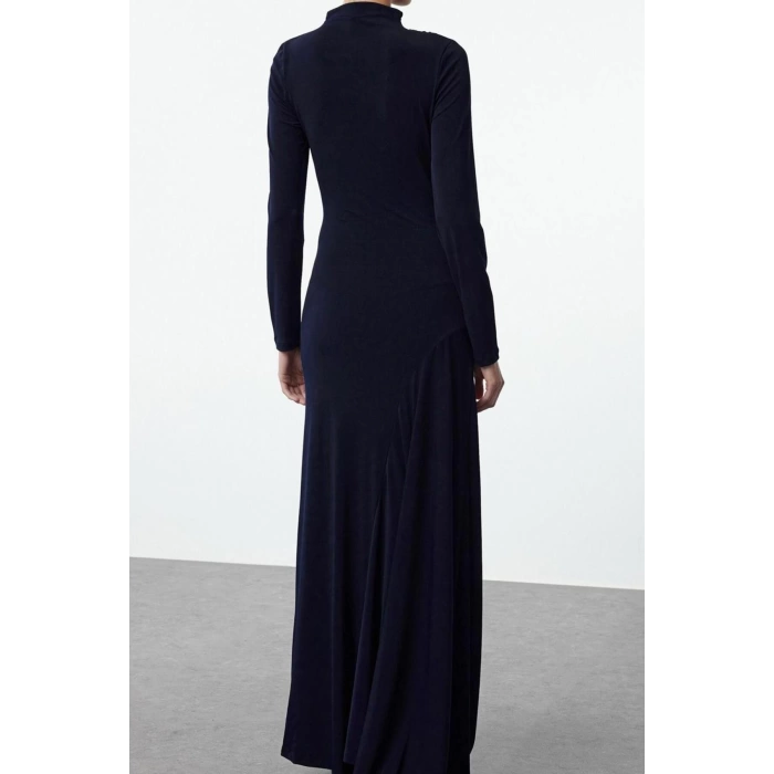 Women Fashion Stylish Maxi Length Stand Collar Slim Fitted Bodycon Long Sleeve Flexible Knitted Dress