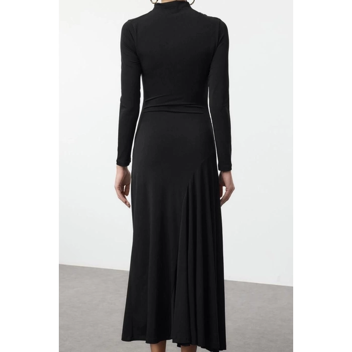 Women Fashion Stylish Maxi Length Stand Collar Slim Fitted Bodycon Long Sleeve Flexible Knitted Dress