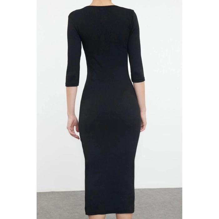 Kadın Moda Maxi Boy Havuz Yaka Slim Fitted Vücuda Oturan Uzun Kollu Bisiklet Yaka Esnek Örme Elbise