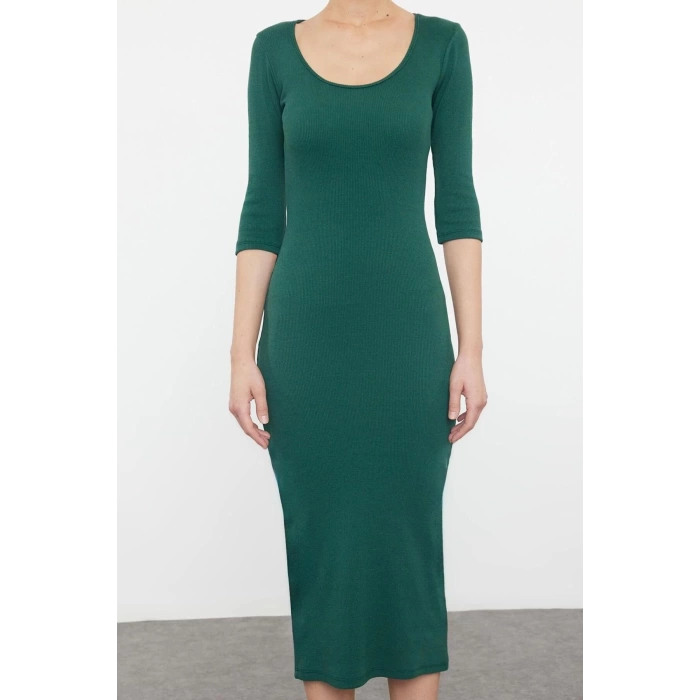 Kadın Moda Maxi Boy Havuz Yaka Slim Fitted Vücuda Oturan Uzun Kollu Bisiklet Yaka Esnek Örme Elbise