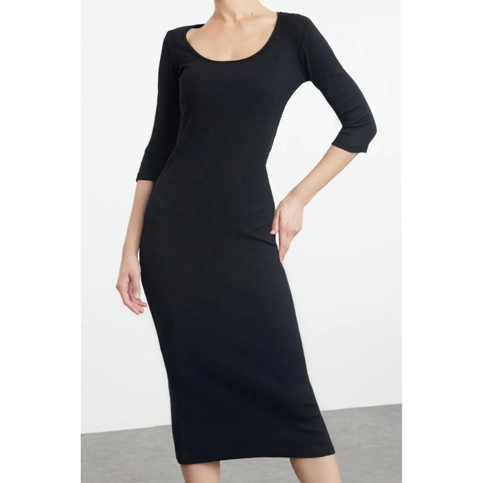 Kadın Moda Maxi Boy Havuz Yaka Slim Fitted Vücuda Oturan Uzun Kollu Bisiklet Yaka Esnek Örme Elbise