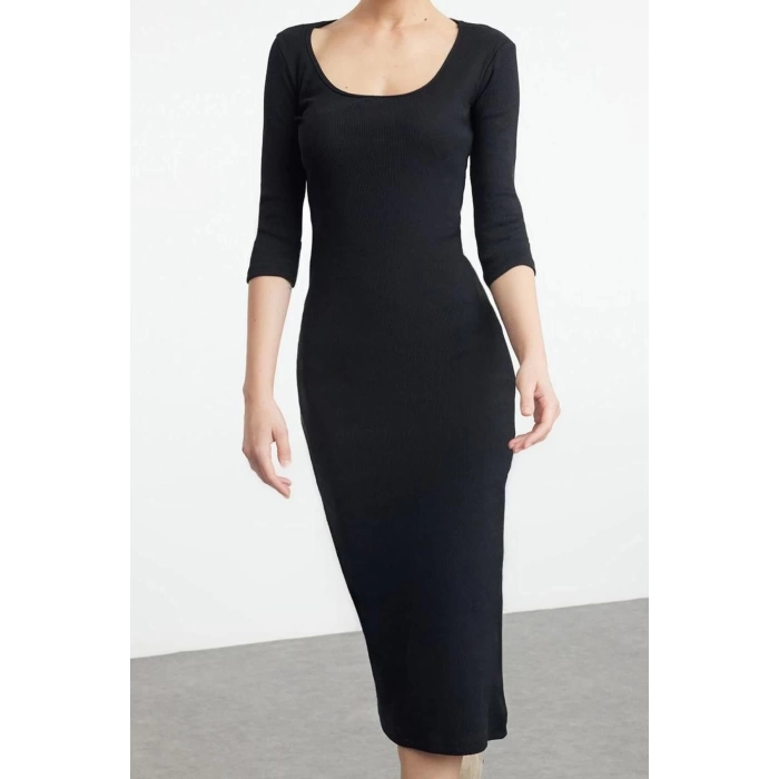 Kadın Moda Maxi Boy Havuz Yaka Slim Fitted Vücuda Oturan Uzun Kollu Bisiklet Yaka Esnek Örme Elbise