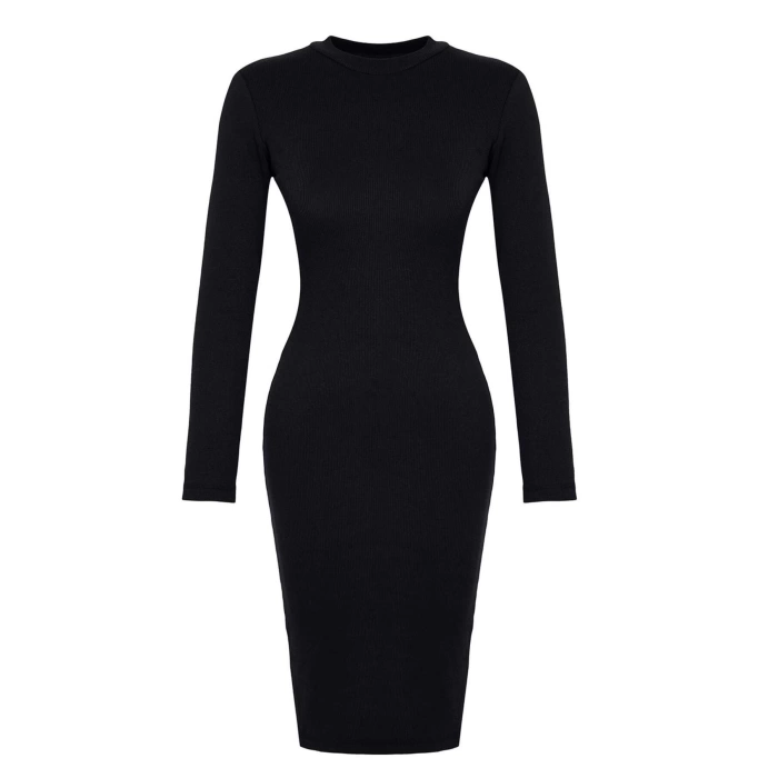 Women Fashion Stylish Midi Length Stand Collar Slim Fitted Long Sleeve Ribbed Stretchy Knit Dress