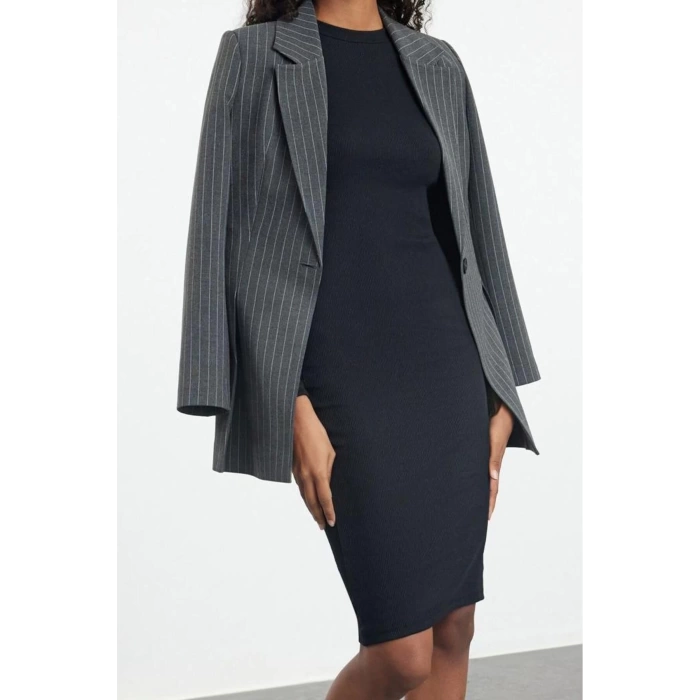 Women Fashion Stylish Midi Length Stand Collar Slim Fitted Long Sleeve Ribbed Stretchy Knit Dress