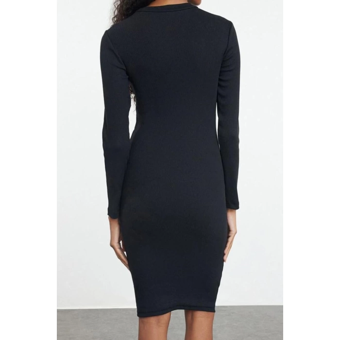 Women Fashion Stylish Midi Length Stand Collar Slim Fitted Long Sleeve Ribbed Stretchy Knit Dress