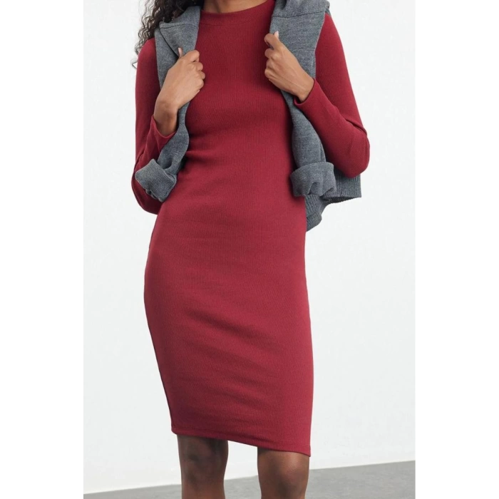Women Fashion Stylish Midi Length Stand Collar Slim Fitted Long Sleeve Ribbed Stretchy Knit Dress