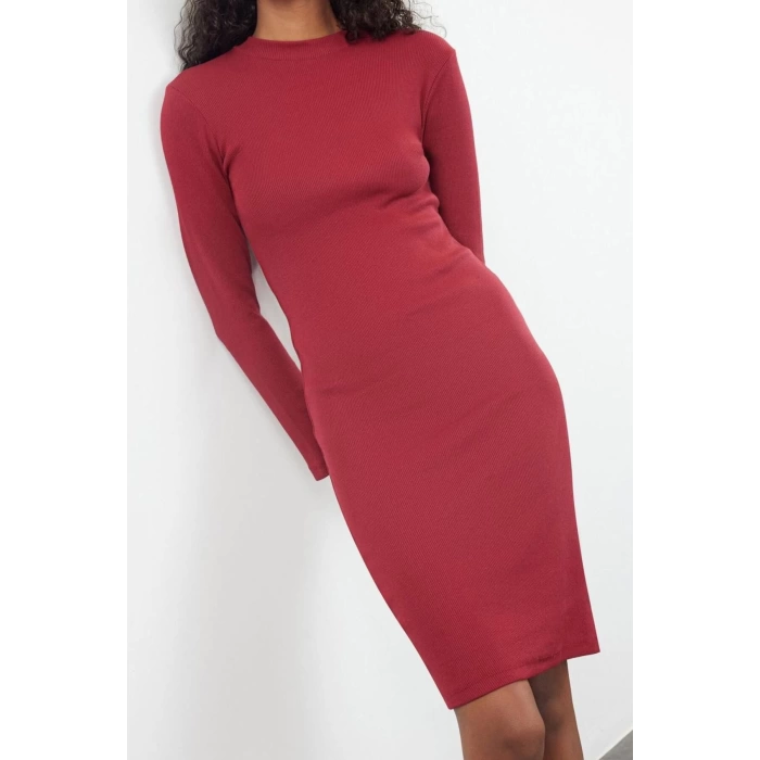 Women Fashion Stylish Midi Length Stand Collar Slim Fitted Long Sleeve Ribbed Stretchy Knit Dress