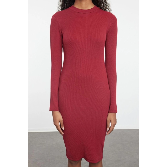 Women Fashion Stylish Midi Length Stand Collar Slim Fitted Long Sleeve Ribbed Stretchy Knit Dress