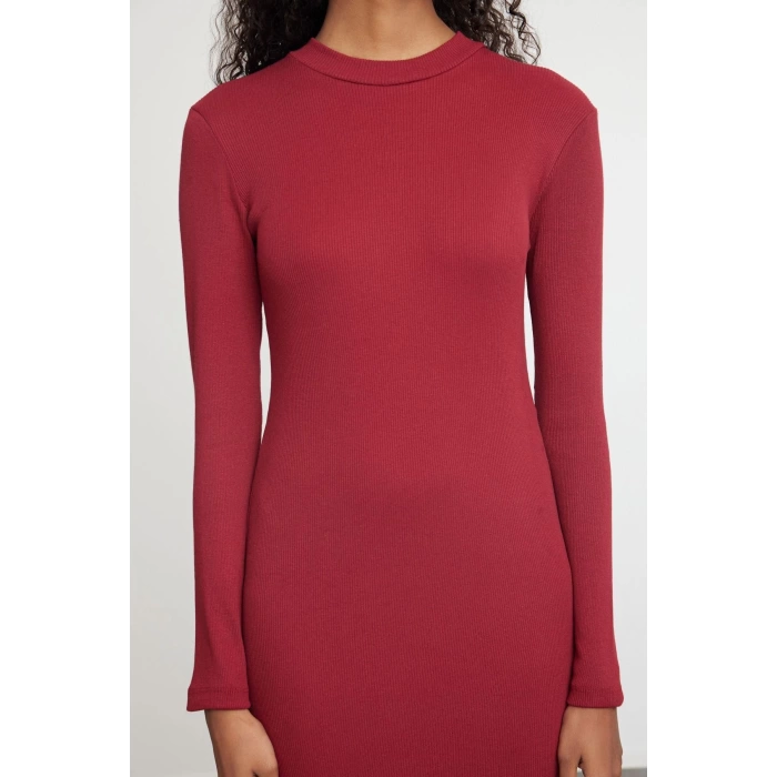 Women Fashion Stylish Midi Length Stand Collar Slim Fitted Long Sleeve Ribbed Stretchy Knit Dress