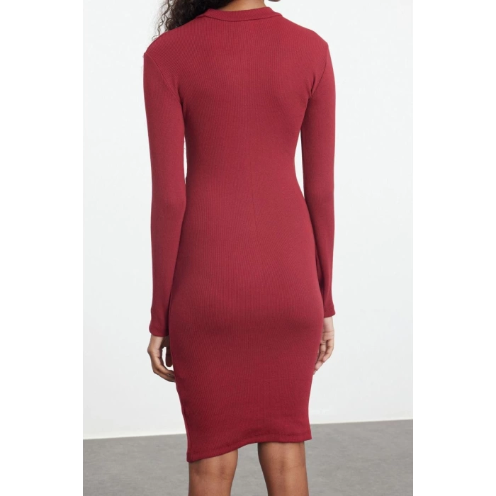 Women Fashion Stylish Midi Length Stand Collar Slim Fitted Long Sleeve Ribbed Stretchy Knit Dress