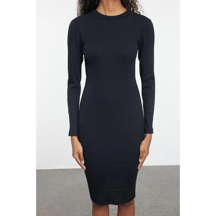 Women Fashion Stylish Midi Length Stand Collar Slim Fitted Long Sleeve Ribbed Stretchy Knit Dress