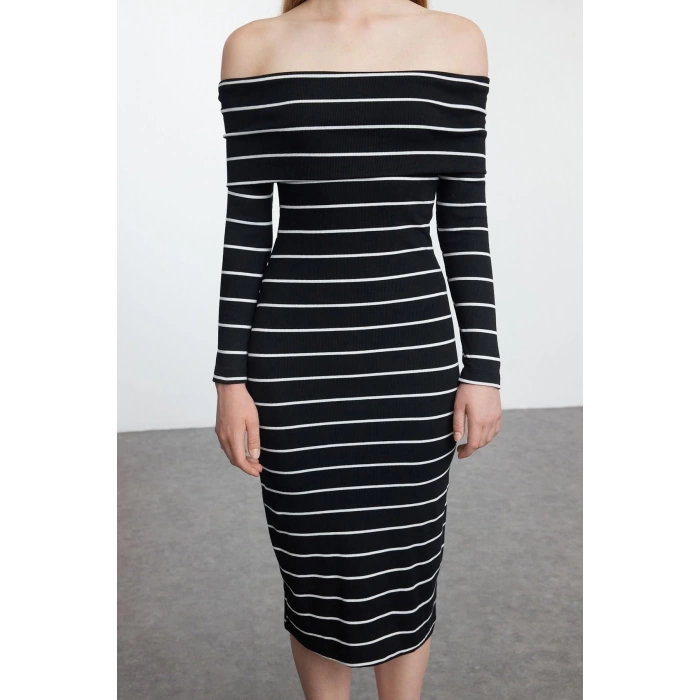 Women Fashion Midi Length Carmen Collar Slim Black 001 Striped Fitted Body Fitting Elastic Knitted Dress