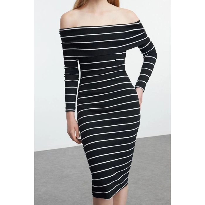 Women Fashion Midi Length Carmen Collar Slim Black 001 Striped Fitted Body Fitting Elastic Knitted Dress