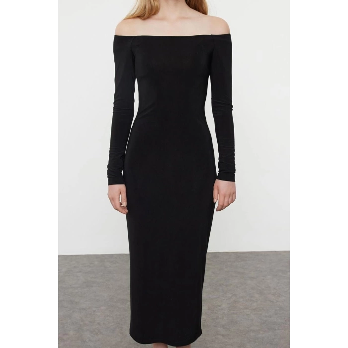 Women Fashion Stylish Maxi Length Carmen Collar Slim Plain Bodycone Fitted Flexible Knitted Dress