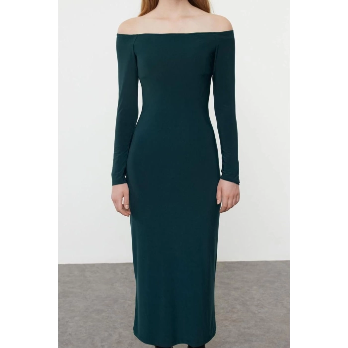 Women Fashion Stylish Maxi Length Carmen Collar Slim Plain Bodycone Fitted Flexible Knitted Dress
